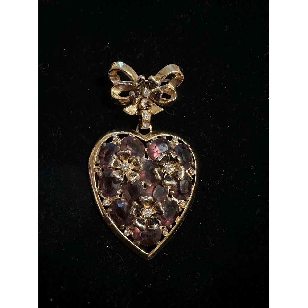 1950s‎ Coro Heart Brooch Gold Tone & Purple Stones 3"